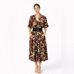 Vintage 80s Jessica Ryan Floral Paisley Rayon Midi Dress Size 14 Made USA